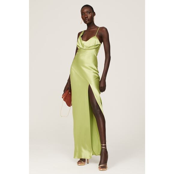 Nicholas Dresses & Skirts - Nicholas Duna Green Satin Sleeveless Slit Draped Neck Gown Size 2